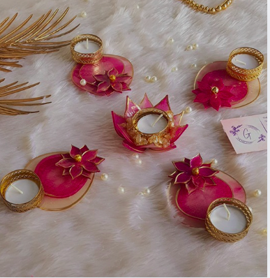 Set Of 5 Pink Rangoli With T-Light Candle Holder