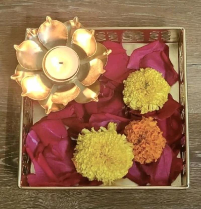 Metal Tray In Gold Finish With Attached Diya