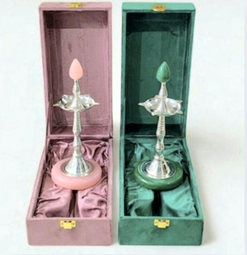 Silver Plated Samay / Diya On Colored Resin Stand