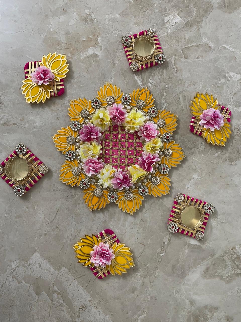 Acrylic Flower Design Rangoli With Diya