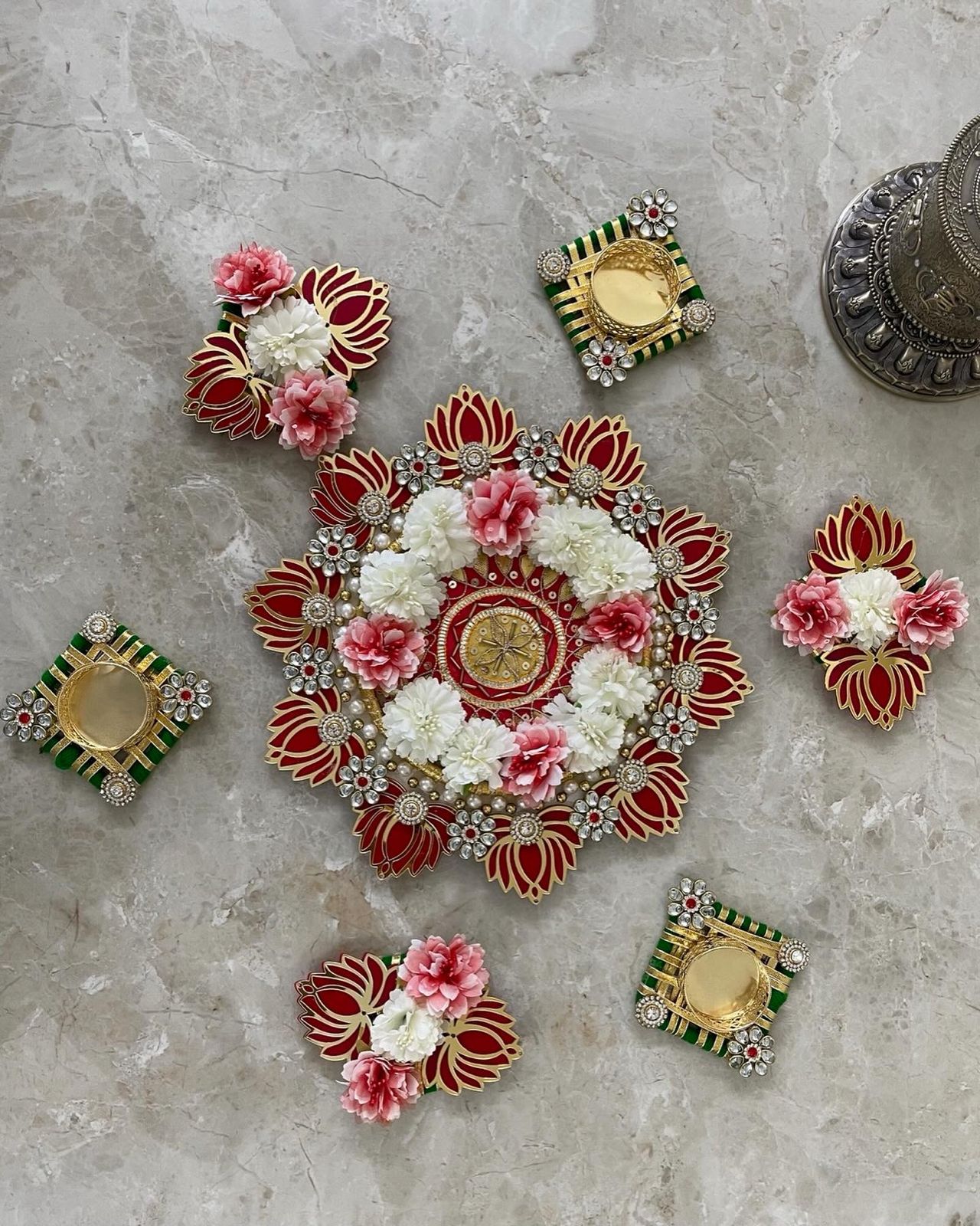 Acrylic Artificial Flower Design Rangoli With Diya