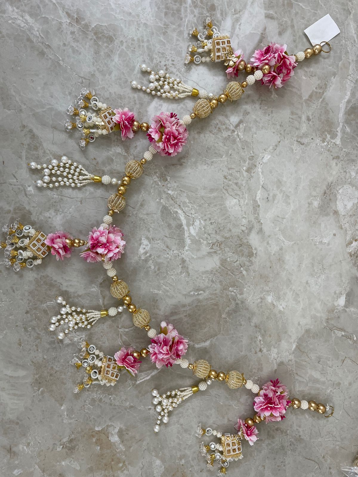 Pink Flower & White Beaded Handmade Toran