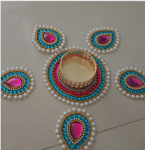 Blue With Big Pink Stone Rangoli Set