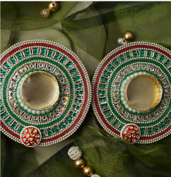 Colourful Beads, Pearl & Mirror Diya Set Of 2